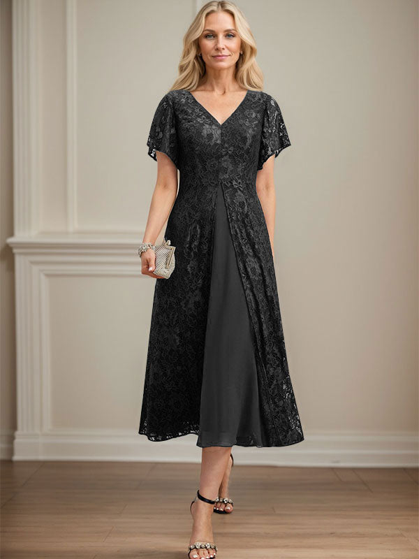 A-Linien-Kleid aus Chiffon mit V-Ausschnitt und Teelänge für die Mutter der Braut 