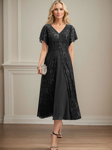 A-Linien-Kleid aus Chiffon mit V-Ausschnitt und Teelänge für die Mutter der Braut 