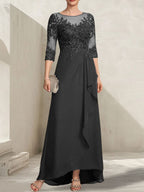 A-Linien-Kleid mit asymmetrischem, transparentem Chiffon-Spitzenausschnitt, Pailletten und Kaskadenrüschen für die Mutter der Braut
