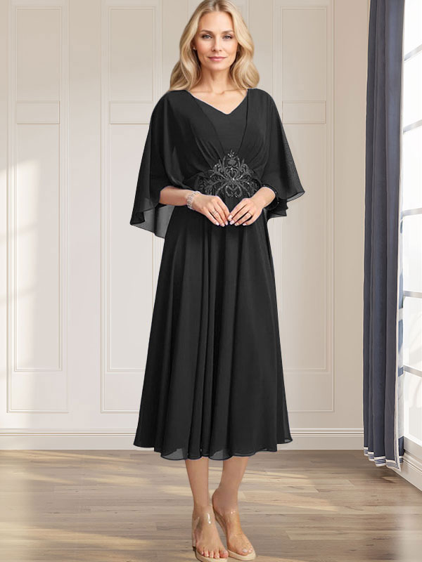 A-Linien-Kleid aus Chiffon mit V-Ausschnitt, Teelänge, plissierten Paillettenapplikationen und Perlenstickerei für die Mutter der Braut 