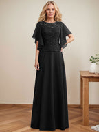 A-Linien-Kleid mit Rundhalsausschnitt, Illusion-Effekt, bodenlang, aus Chiffon und Spitze mit Pailletten – das perfekte Brautmutterkleid 