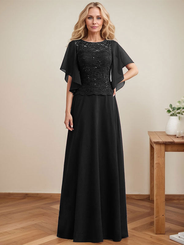 Vestido de madre de la novia de gasa con encaje, ilusión, largo hasta el suelo, corte A y lentejuelas 