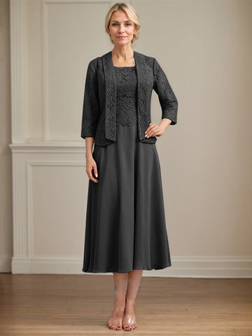 A-Linien-Kleid aus Chiffon mit Rundhalsausschnitt und Teelänge für die Mutter der Braut 