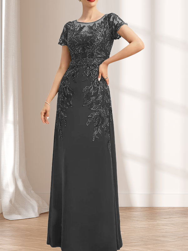 Etuikleid/Säulenkleid mit Illusion-Ausschnitt, bodenlang, aus Chiffon und Spitze mit Pailletten für die Mutter der Braut
