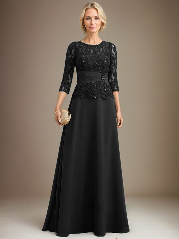 A-Linien-Kleid mit U-Boot-Ausschnitt, Illusion-Detail, bodenlang, aus Chiffonspitze, mit plissierten Pailletten und Perlenstickerei für die Mutter der Braut. 