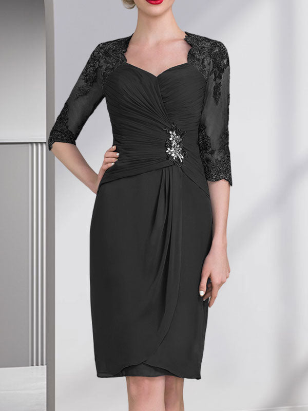 Etuikleid/Säulenkleid mit Herzausschnitt, knielang, aus Chiffon für die Mutter der Braut mit Perlenapplikationen, Spitze, Pailletten und Falten