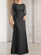 Etui-/Säulen-Chiffonkleid in Bodenlänge für die Mutter der Braut mit plissierter Perlenstickerei