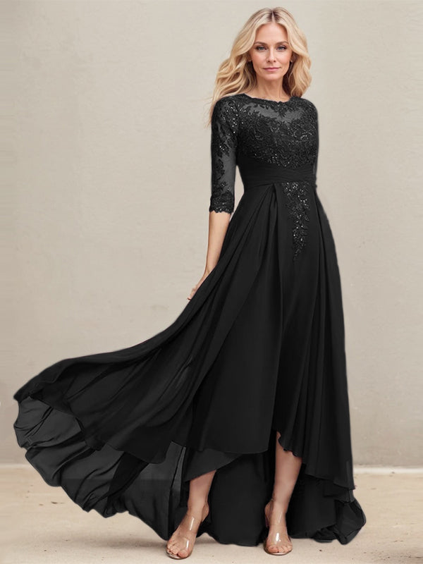 Vestido de madre de la novia de gasa con encaje asimétrico, ilusión, corte A y lentejuelas plisadas 