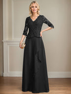 A-Linien-Kleid aus Chiffon mit V-Ausschnitt, bodenlang, mit Spitze, Kaskadenrüschen und Pailletten für die Mutter der Braut 