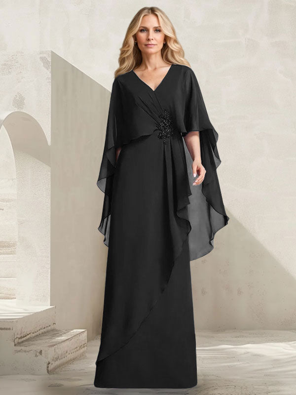 A-Linien-Kleid aus Chiffon mit V-Ausschnitt, bodenlang, mit Kaskadenrüschen und Perlenstickerei für die Mutter der Braut. 