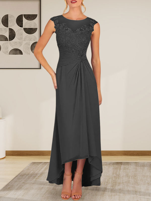 Champagnerfarbenes A-Linien-Chiffonkleid mit Rundhalsausschnitt und Spitze