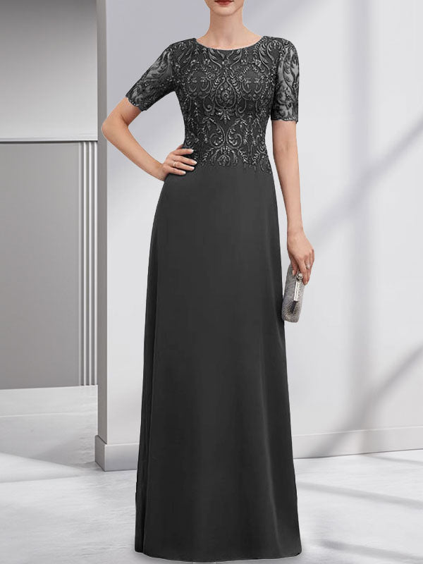 A-Linien-Kleid aus Chiffon mit Pailletten und Rundhalsausschnitt, bodenlang, für die Mutter der Braut