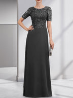 A-Linien-Kleid aus Chiffon mit Pailletten und Rundhalsausschnitt, bodenlang, für die Mutter der Braut