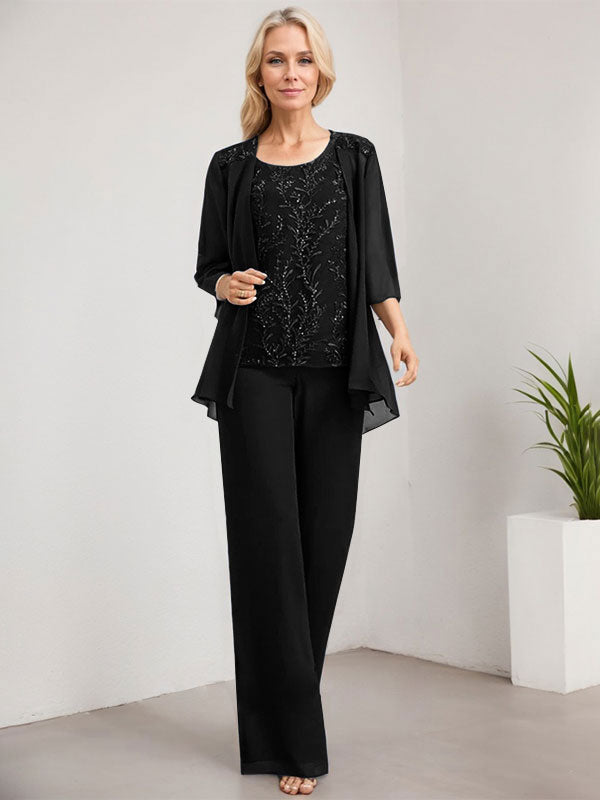 Zweiteiliger Jumpsuit/Hosenanzug, bodenlanges Chiffon-Kleid mit Spitze und Pailletten für die Mutter der Braut