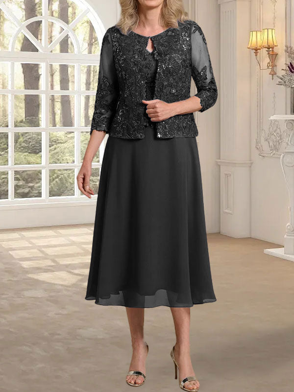 Vestido de gasa con encaje y lentejuelas para madre de la novia, corte A, escote redondo y largo hasta la rodilla 