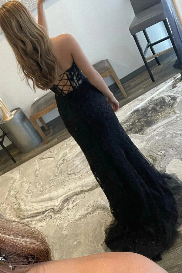 Vestidos de fiesta largos de sirena con escote en forma de corazón y encaje con abertura