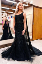 Vestidos largos de fiesta de sirena de encaje con un hombro, vestido de noche