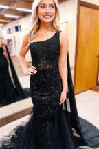 Vestidos largos de fiesta de sirena de encaje con un hombro, vestido de noche