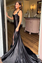 Satin Spaghetti Straps Mermaid Prom Dresses With TrainParty Dress