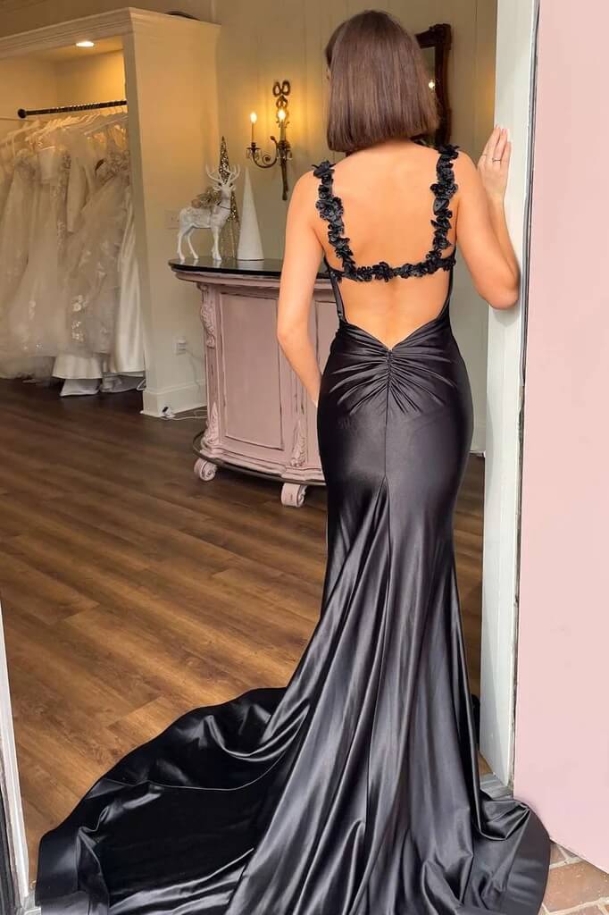 Satin Spaghetti Straps Mermaid Prom Dresses With TrainParty Dress