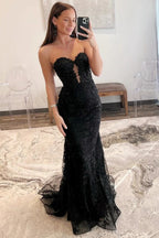 Vestidos largos de fiesta de tul, sirena, encaje, apliques, escote corazón, ojo de cerradura