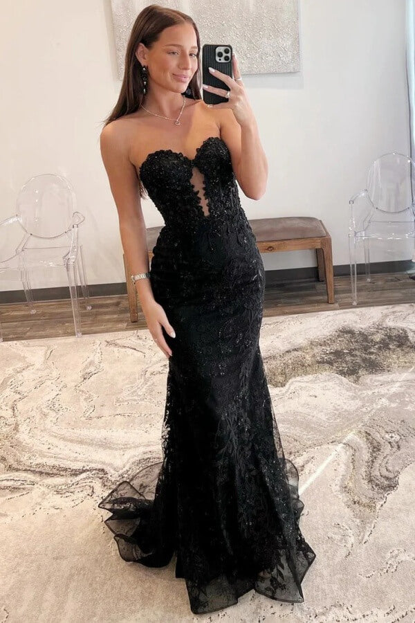 Vestidos largos de fiesta de tul, sirena, encaje, apliques, escote corazón, ojo de cerradura