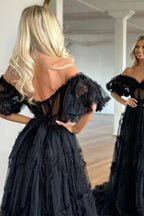 Vestido de fiesta con volantes de tul transparente, escote Bardot