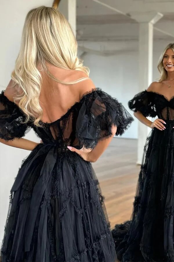 Vestido de fiesta con volantes de tul transparente, escote Bardot