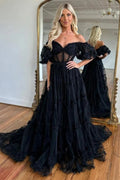 Vestido de fiesta con volantes de tul transparente, escote Bardot