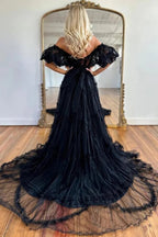 Vestido de fiesta con volantes de tul transparente, escote Bardot