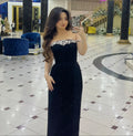 Vestidos de Fiesta Largos de Terciopelo con Cuello Bardot, Ribete de Cuentas, Corsé en la Cintura y Falda Recta para Prom y Gala