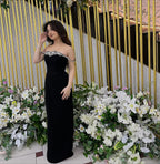 Vestidos de Fiesta Largos de Terciopelo con Cuello Bardot, Ribete de Cuentas, Corsé en la Cintura y Falda Recta para Prom y Gala
