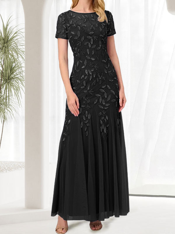Vestido largo de sirena azul con cuello redondo para madre de la novia con abalorios