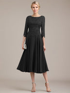 A-Linien-Kleid aus Chiffon mit Rundhalsausschnitt und Teelänge für die Mutter der Braut 