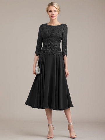 A-Linien-Kleid aus Chiffon mit Rundhalsausschnitt und Teelänge für die Mutter der Braut 