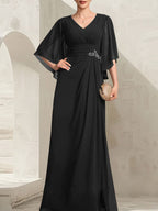 Vestido de gasa para madre de la novia, con escote en V, largo hasta el suelo, con lentejuelas plisadas y abalorios.