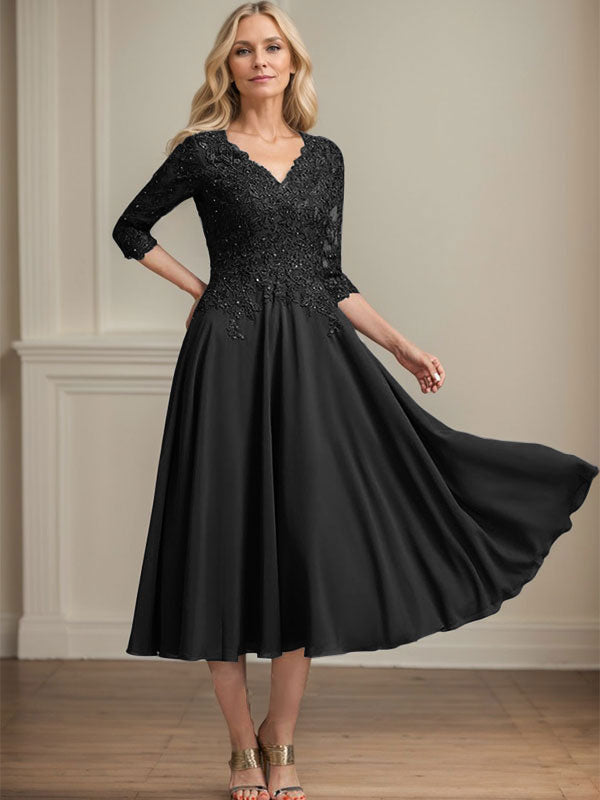 A-Linien-Kleid aus Chiffonspitze mit V-Ausschnitt, Teelänge, Perlen- und Paillettenstickerei für die Mutter der Braut 