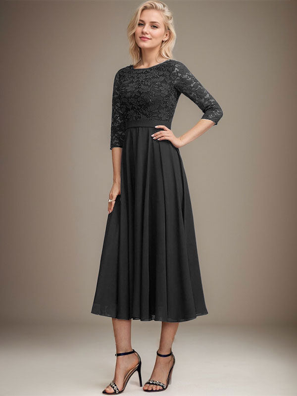 A-Linien-Kleid mit Rundhalsausschnitt, Teelänge, Spitze, Chiffon, Pailletten, für die Mutter der Braut
