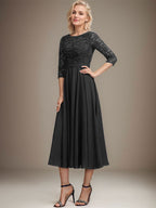 A-Linien-Kleid mit Rundhalsausschnitt, Teelänge, Spitze, Chiffon, Pailletten, für die Mutter der Braut