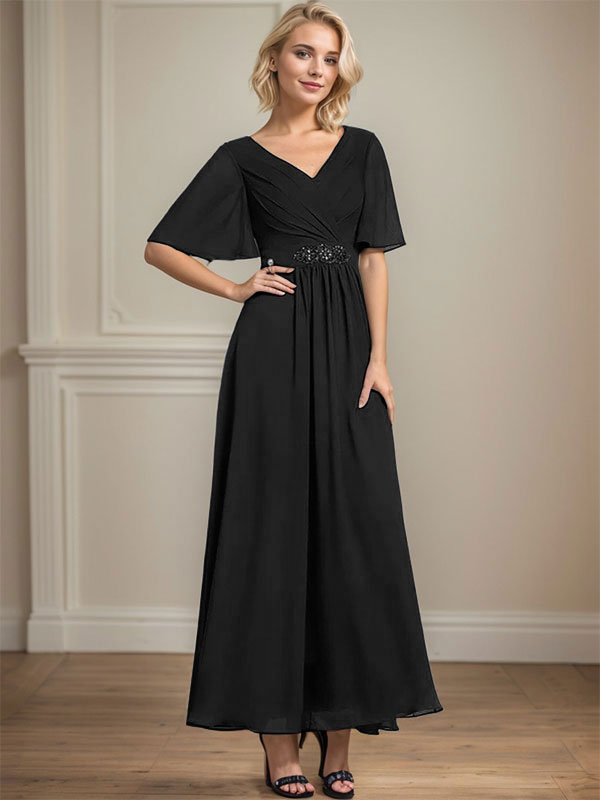 Vestido de gasa para madre de la novia, corte A, escote en V, largo hasta los tobillos, con lentejuelas y cuentas plisadas