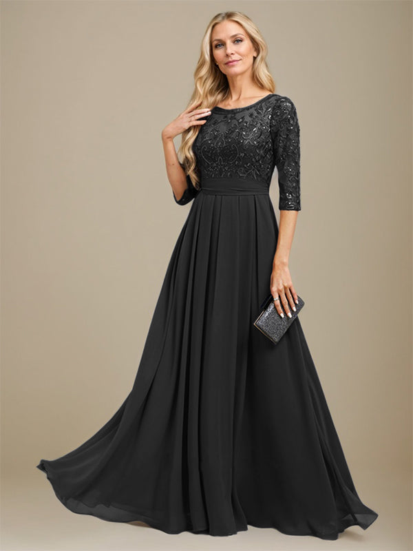 A-Linien-Kleid aus Chiffon mit Paillettenapplikationen und Rundhalsausschnitt, bodenlang, für die Mutter der Braut 