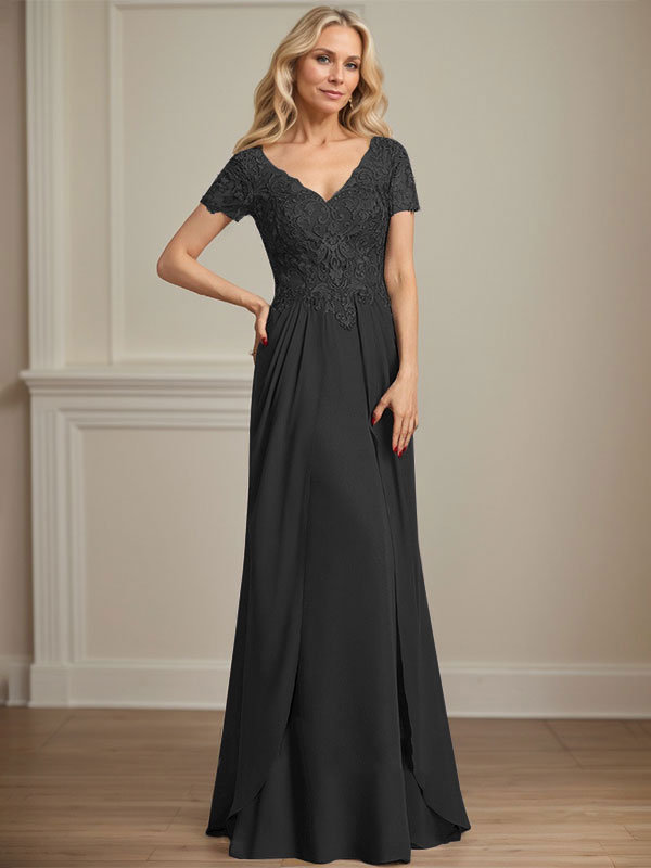 Vestido de gasa con encaje y escote en V hasta el suelo para madre de la novia