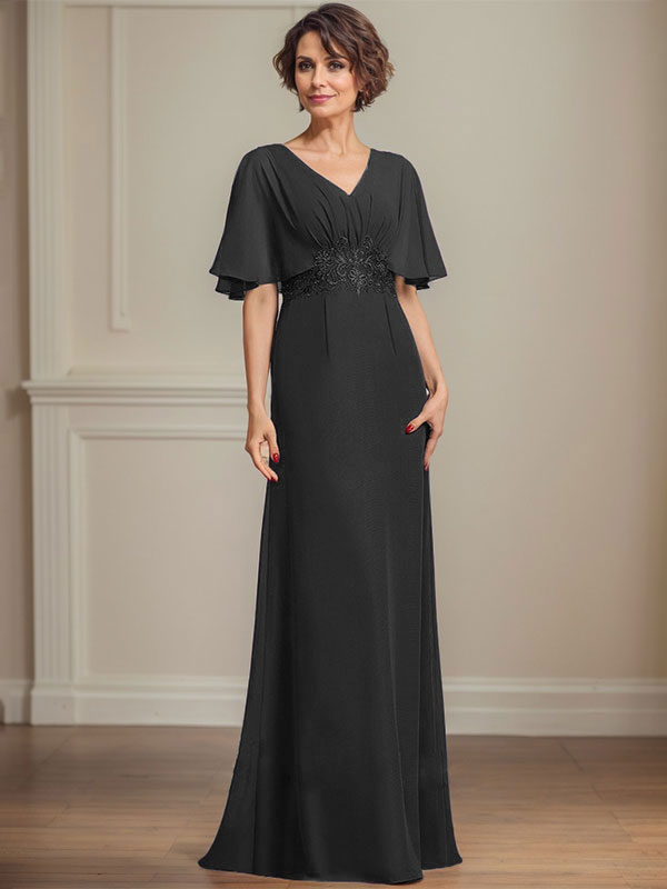 A-Linien-Kleid aus Chiffon mit V-Ausschnitt, bodenlang, für die Mutter der Braut, mit plissierten Paillettenapplikationen und Spitze