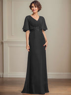 A-Linien-Kleid aus Chiffon mit V-Ausschnitt, bodenlang, für die Mutter der Braut, mit plissierten Paillettenapplikationen und Spitze
