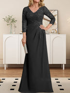 Etuikleid/Säulenkleid mit V-Ausschnitt, Illusion-Detail, bodenlang, aus Chiffonspitze und plissierten Pailletten für die Mutter der Braut 