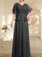Vestido de gasa para madre de la novia, corte A, escote en V, largo hasta el suelo, con cuentas plisadas
