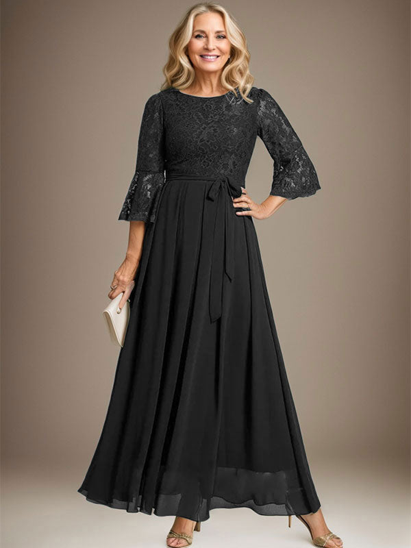 A-Linien-Kleid aus Chiffon mit Rundhalsausschnitt und Schleife, knöchellang, für die Mutter der Braut