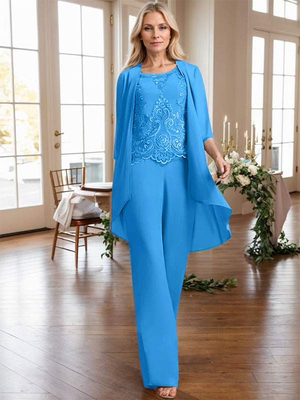 Vestido de madre de la novia de gasa con encaje, escote redondo y lentejuelas y mono/pantalón separado 