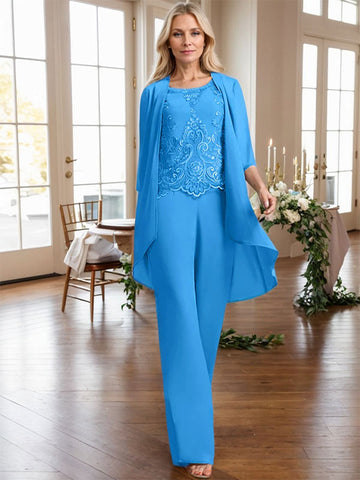 Zweiteiliges Jumpsuit-/Hosenanzug-Set, bodenlanges Chiffon-Spitzenkleid mit Perlen- und Paillettenstickerei für die Mutter der Braut 