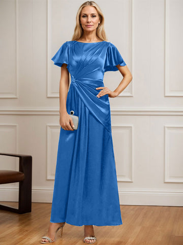 A-Linien-Kleid aus Stretch-Satin mit Rundhalsausschnitt und knöchellanger Verarbeitung für die Mutter der Braut, verziert mit plissierten Perlen. 
